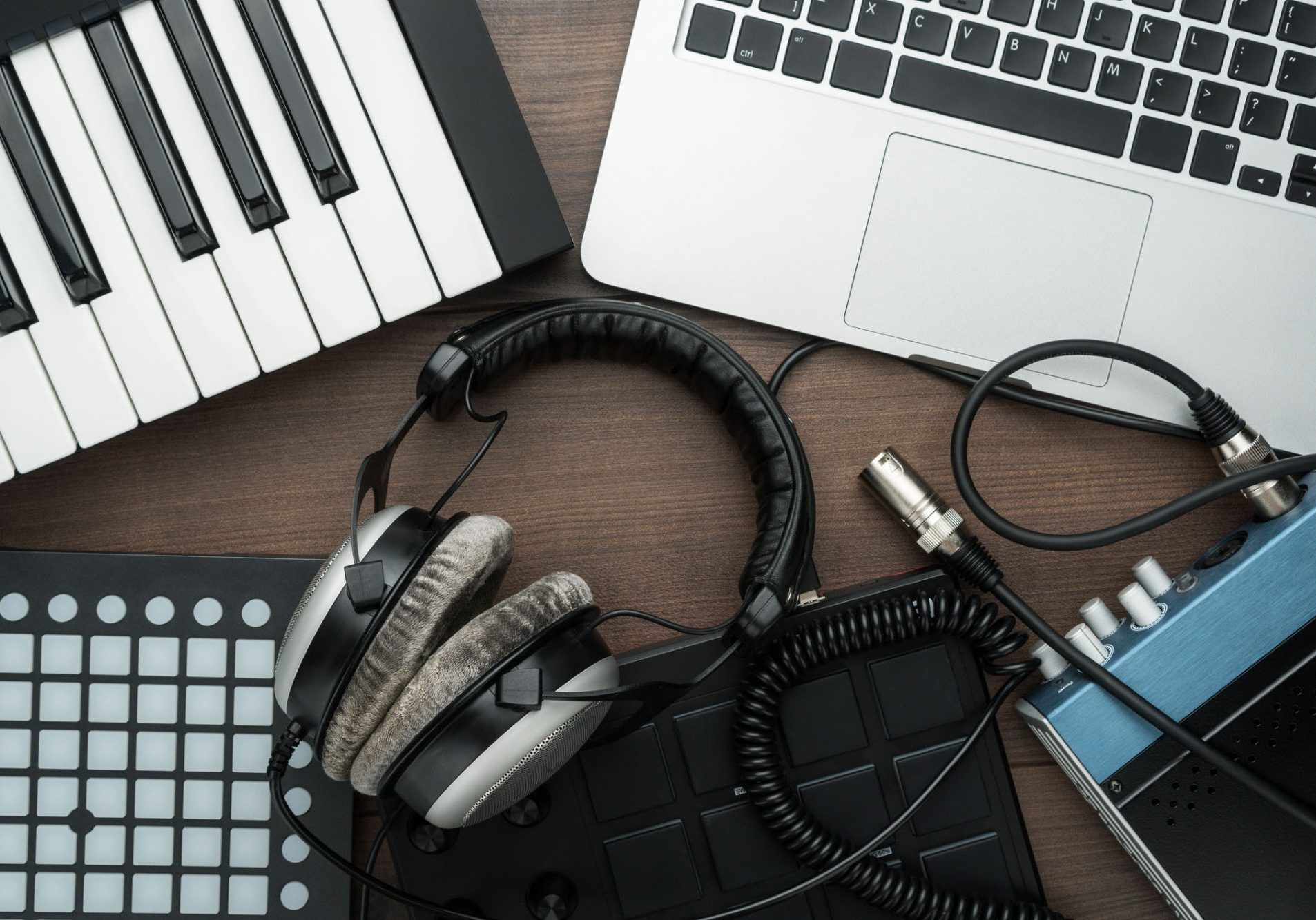 Top view of home studio music production equipment